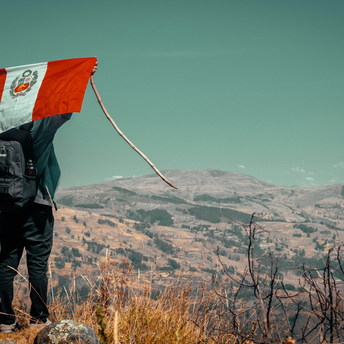 man carrying flag on top of cliff