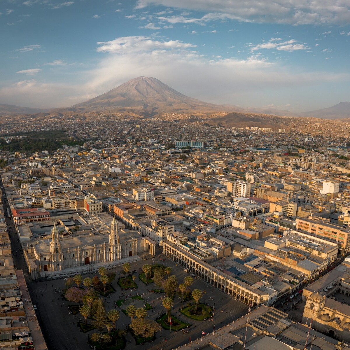 A panoramic view of a city with a mountain in the background