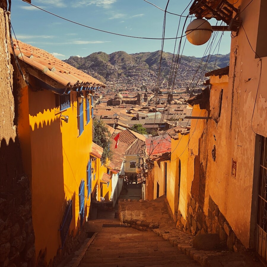orange houses near green mountain